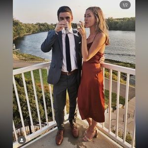 Rust Satin Slip Midi Dress